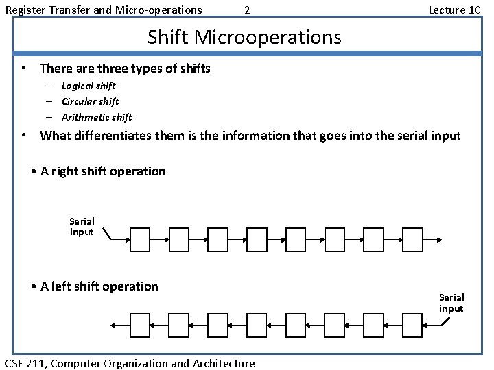 Register Transfer and Micro-operations 2 Lecture 10 Shift Microoperations • There are three types