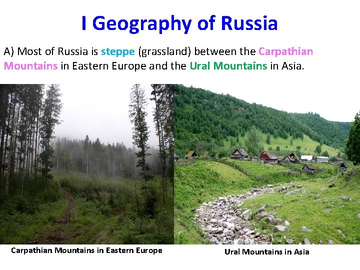 I Geography of Russia A) Most of Russia is steppe (grassland) between the Carpathian