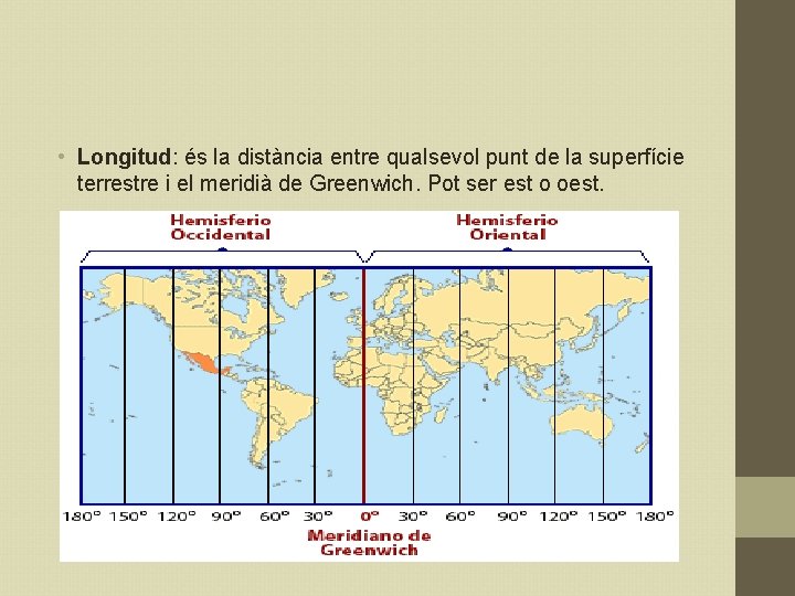  • Longitud: és la distància entre qualsevol punt de la superfície terrestre i