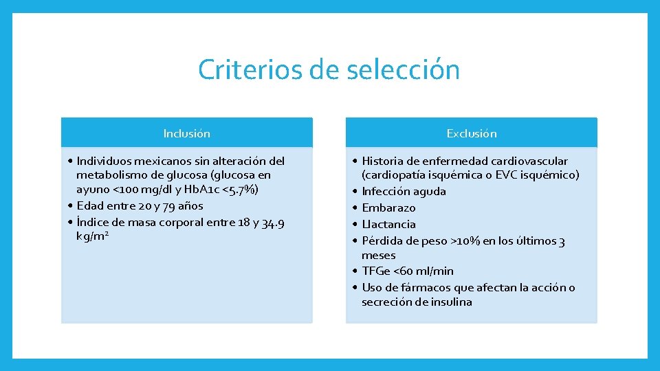 Criterios de selección Inclusión • Individuos mexicanos sin alteración del metabolismo de glucosa (glucosa