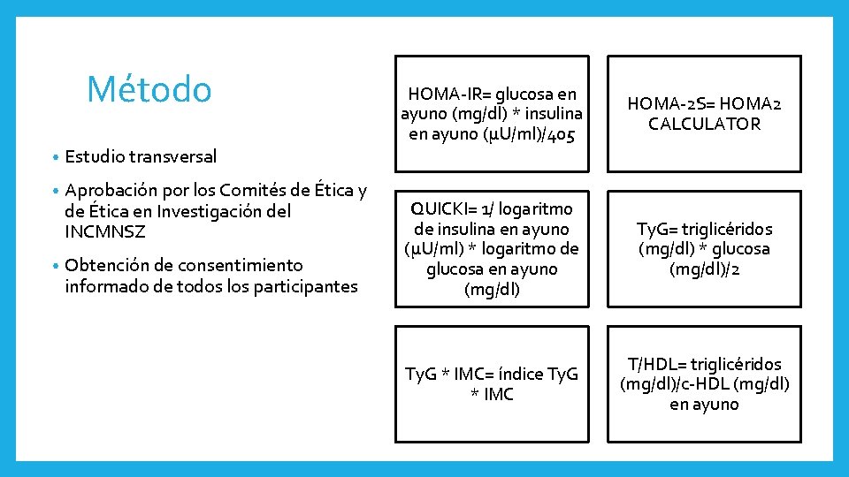 Método • Estudio transversal • Aprobación por los Comités de Ética y de Ética