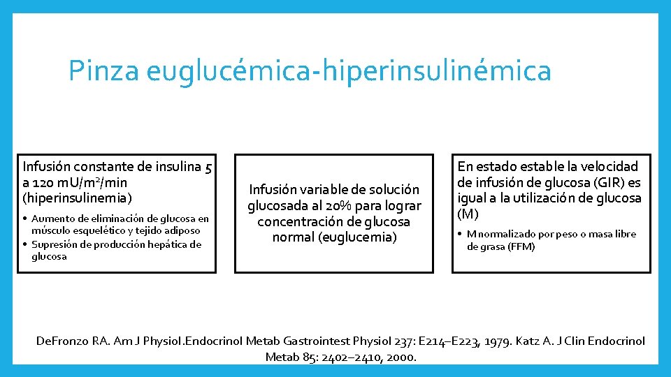 Pinza euglucémica-hiperinsulinémica Infusión constante de insulina 5 a 120 m. U/m 2/min (hiperinsulinemia) •