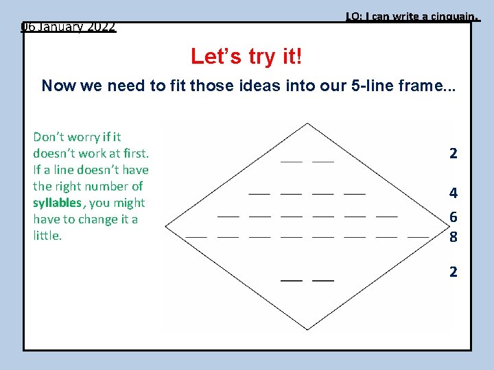 LO: I can write a cinquain. 06 January 2022 Let’s try it! Now we