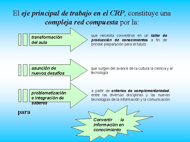 El eje principal de trabajo en el CRP, constituye una compleja red compuesta por