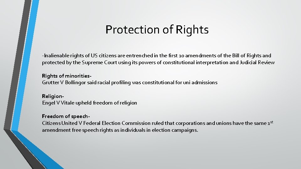 Protection of Rights -Inalienable rights of US citizens are entrenched in the first 10