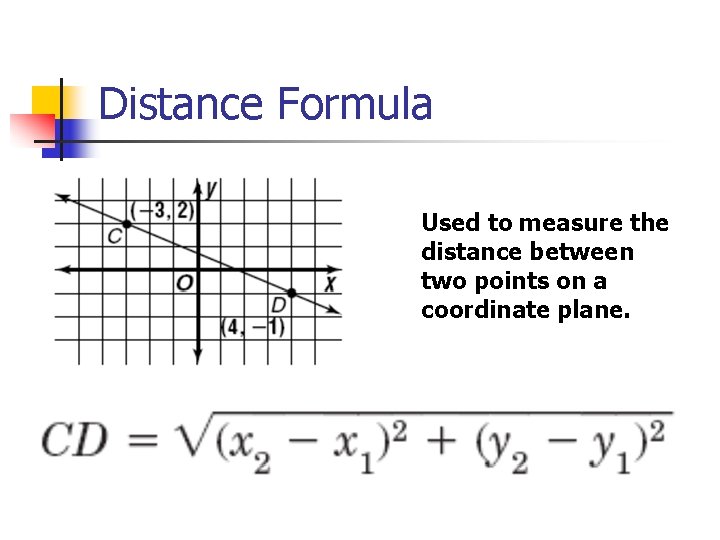 Distance Formula Used to measure the distance between two points on a coordinate plane.