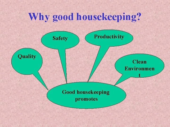 Why good housekeeping? Safety Productivity Quality Clean Environmen t Good housekeeping promotes 