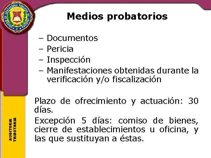 Medios probatorios AUDITORIA TRIBUTARIA – – Documentos Pericia Inspección Manifestaciones obtenidas durante la verificación