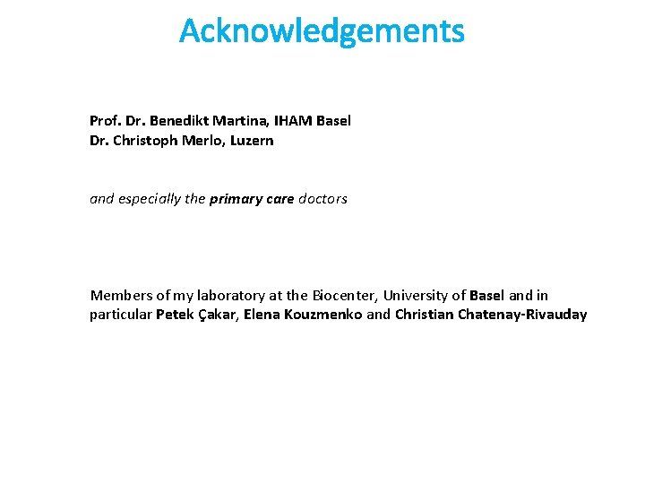 Acknowledgements Prof. Dr. Benedikt Martina, IHAM Basel Dr. Christoph Merlo, Luzern and especially the