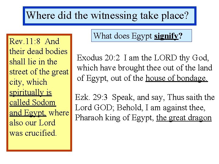 Where did the witnessing take place? Rev. 11: 8 And their dead bodies shall