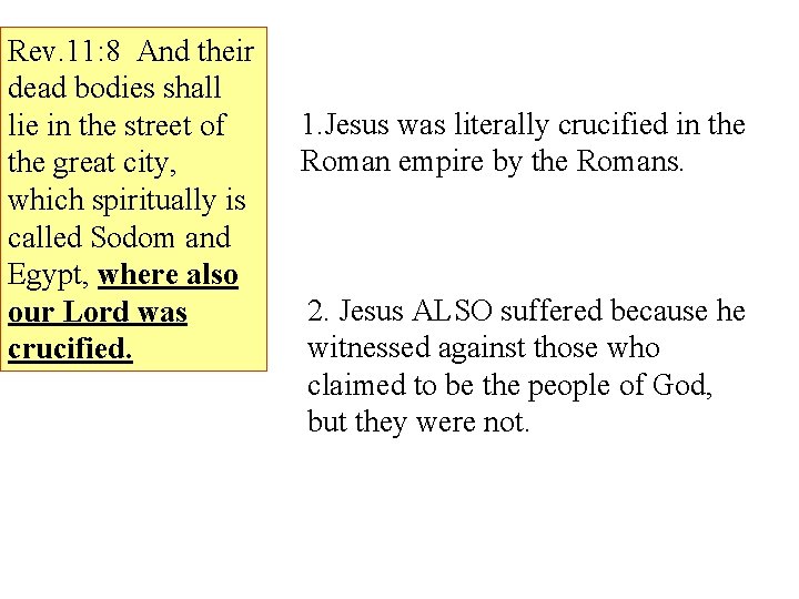 Rev. 11: 8 And their dead bodies shall lie in the street of the