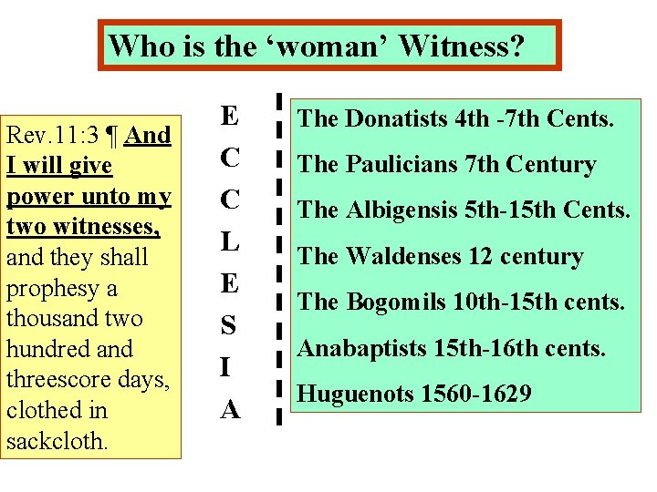 Who is the ‘woman’ Witness? Rev. 11: 3 ¶ And I will give power