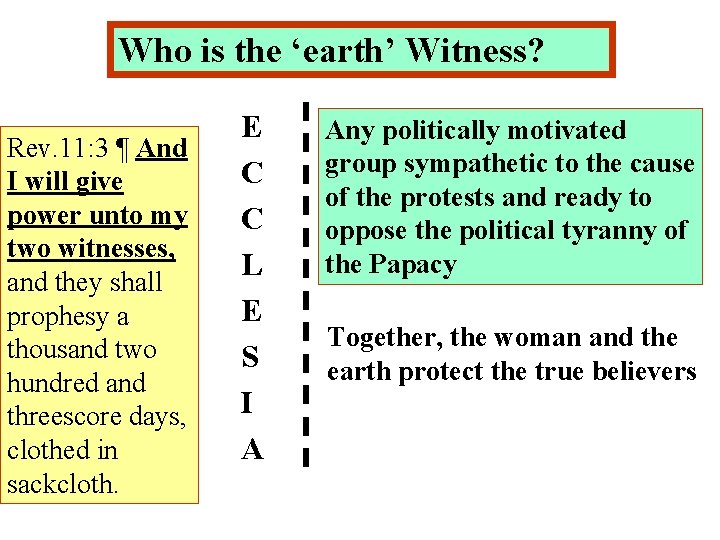 Who is the ‘earth’ Witness? Rev. 11: 3 ¶ And I will give power