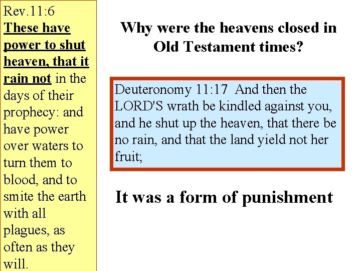 Rev. 11: 6 These have power to shut heaven, that it rain not in