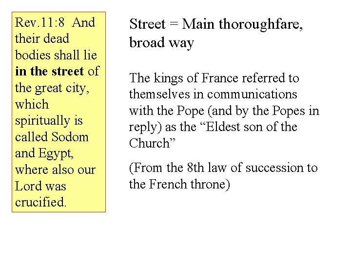 Rev. 11: 8 And their dead bodies shall lie in the street of the