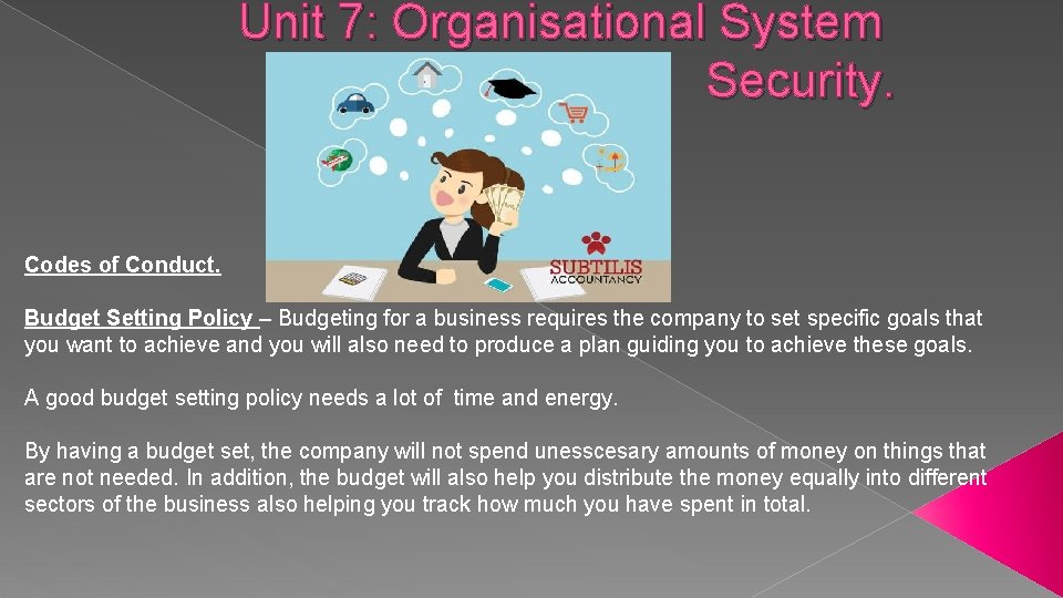 Unit 7: Organisational System Security. Codes of Conduct. Budget Setting Policy – Budgeting for Unit 7: Organisational System Security. Codes of Conduct. Budget Setting Policy – Budgeting for