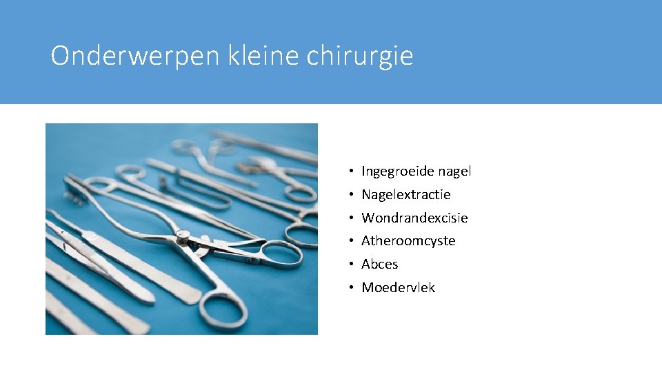 Onderwerpen kleine chirurgie • Ingegroeide nagel • Nagelextractie • Wondrandexcisie • Atheroomcyste • Abces