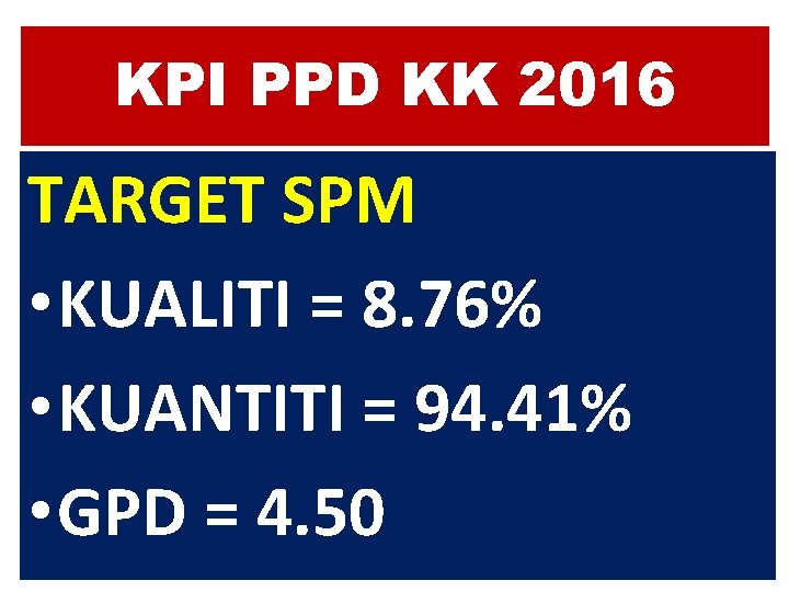 KPI PPD KK 2016 TARGET SPM • KUALITI = 8. 76% • KUANTITI =