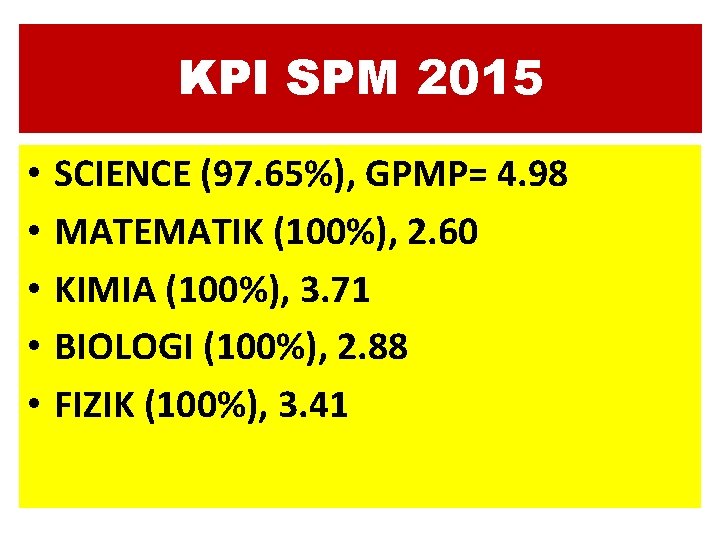 KPI SPM 2015 • • • SCIENCE (97. 65%), GPMP= 4. 98 MATEMATIK (100%),