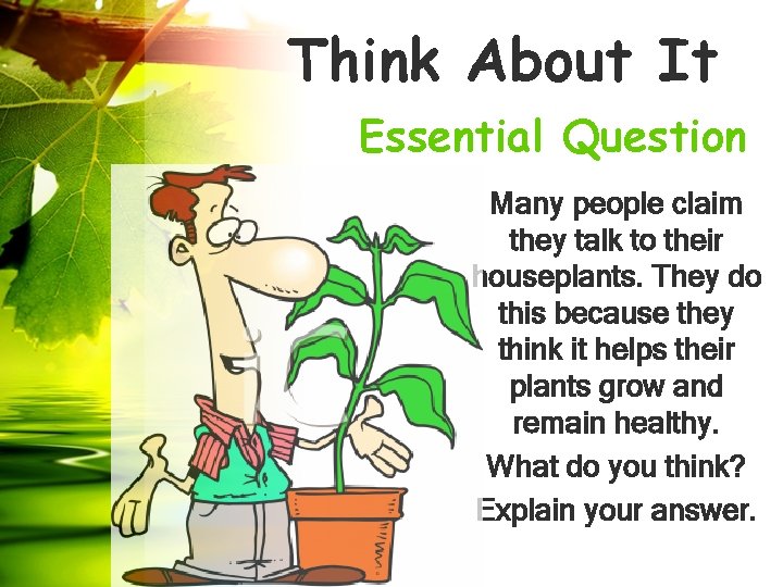 Think About It Essential Question Many people claim they talk to their houseplants. They