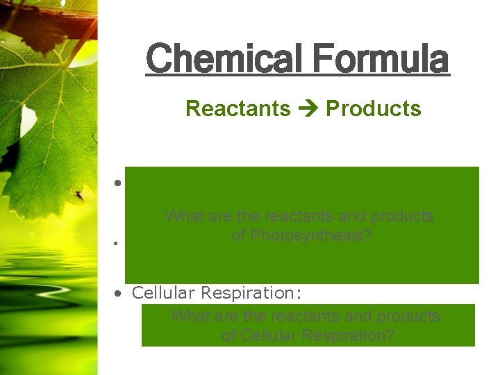 Chemical Formula Reactants Products • Photosynthesis: 6 CO 2 + 6 H 2 O