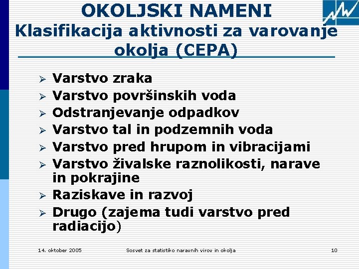 OKOLJSKI NAMENI Klasifikacija aktivnosti za varovanje okolja (CEPA) Ø Ø Ø Ø Varstvo zraka