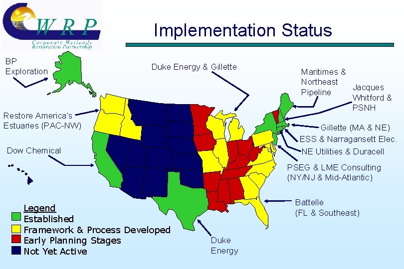 Implementation Status BP Exploration Duke Energy & Gillette Restore America’s Estuaries (PAC-NW) Maritimes &