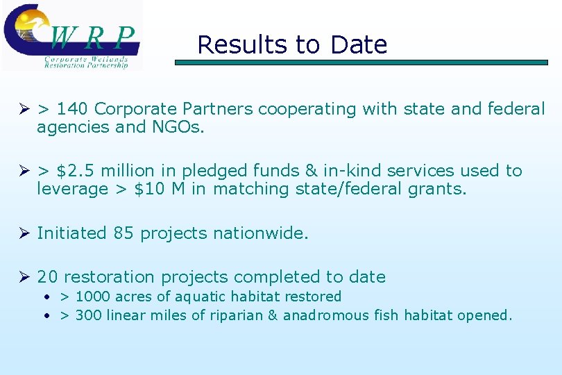 Results to Date Ø > 140 Corporate Partners cooperating with state and federal agencies