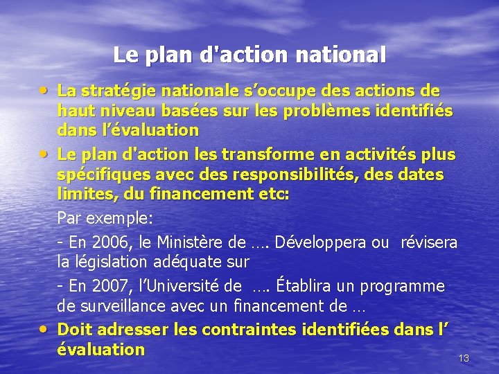 Le plan d'action national • La stratégie nationale s’occupe des actions de • •