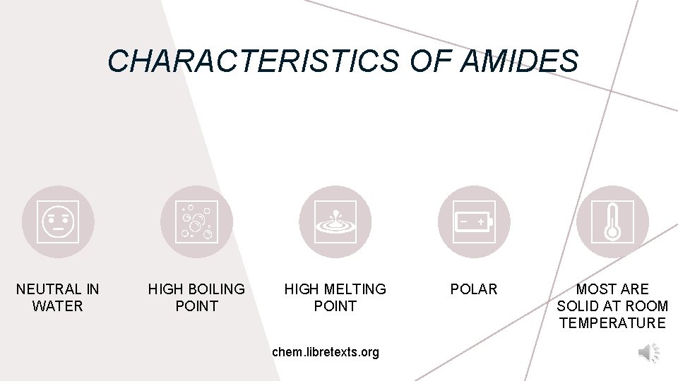 CHARACTERISTICS OF AMIDES NEUTRAL IN WATER HIGH BOILING POINT HIGH MELTING POINT chem. libretexts.