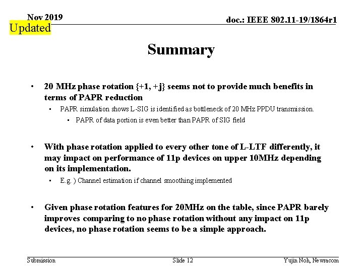 Nov 2019 doc. : IEEE 802. 11 -19/1864 r 1 Updated Summary • 20