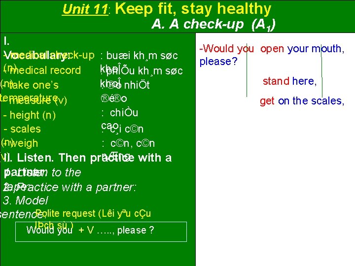 Unit 11: Keep fit, stay healthy A. A check-up (A 1) I. -Vocabulary: medical