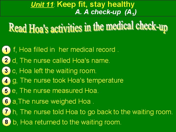 Unit 11: Keep fit, stay healthy A. A check-up (A 1) 1 f, Hoa