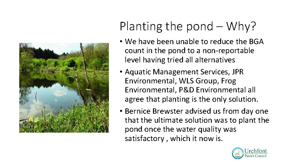 Planting the pond – Why? • We have been unable to reduce the BGA