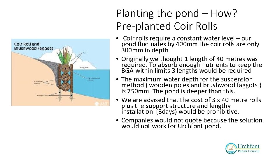 Planting the pond – How? Pre-planted Coir Rolls • Coir rolls require a constant