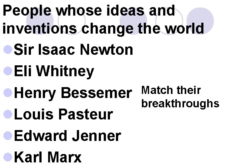 People whose ideas and inventions change the world l. Sir Isaac Newton l. Eli