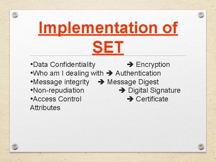 Implementation of SET • Data Confidentiality Encryption • Who am I dealing with Authentication