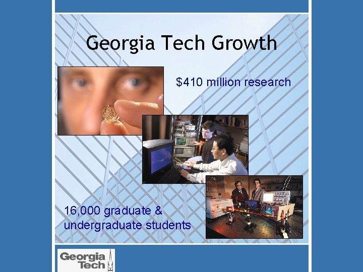 Georgia Tech Growth $410 million research 16, 000 graduate & undergraduate students 