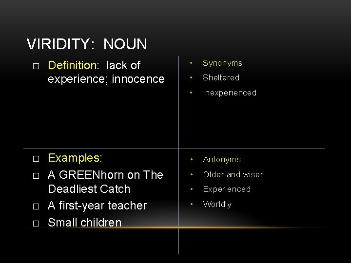 VIRIDITY: NOUN � � � Definition: lack of experience; innocence Examples: A GREENhorn on