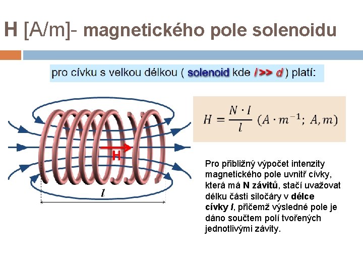 H [A/m]- magnetického pole solenoidu Pro přibližný výpočet intenzity magnetického pole uvnitř cívky, která