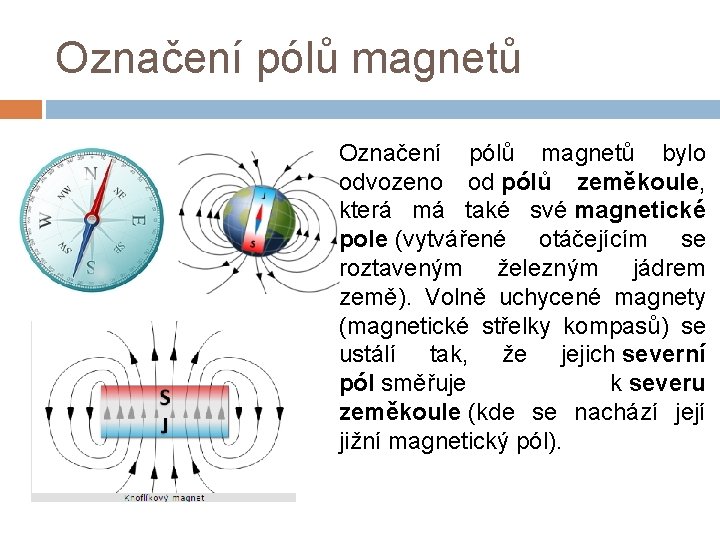 Označení pólů magnetů bylo odvozeno od pólů zeměkoule, která má také své magnetické pole