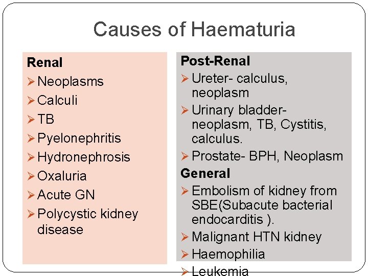 Causes of Haematuria Renal Ø Neoplasms Ø Calculi Ø TB Ø Pyelonephritis Ø Hydronephrosis