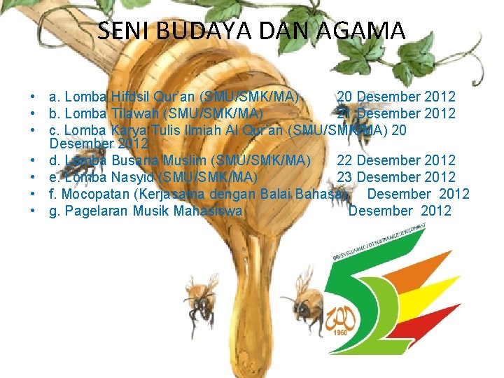 SENI BUDAYA DAN AGAMA • a. Lomba Hifdsil Qur’an (SMU/SMK/MA) 20 Desember 2012 •
