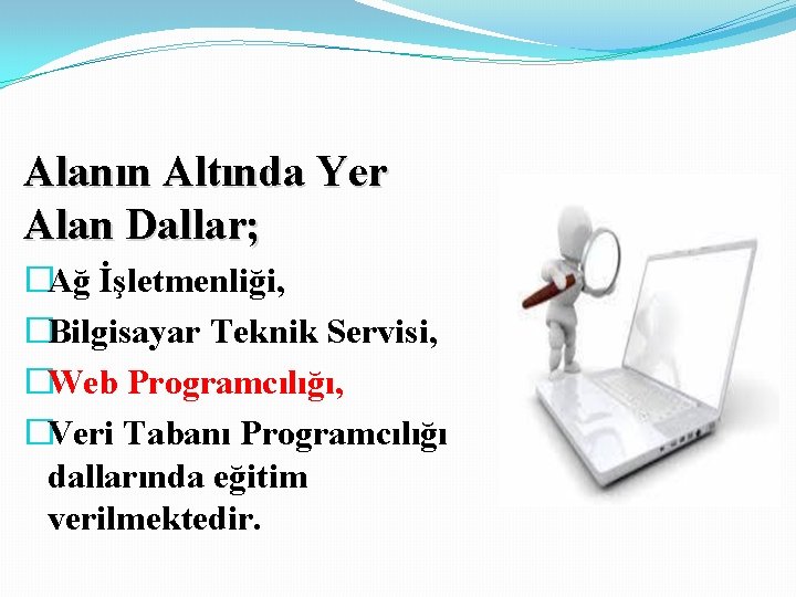 Alanın Altında Yer Alan Dallar; �Ağ İşletmenliği, �Bilgisayar Teknik Servisi, �Web Programcılığı, �Veri Tabanı