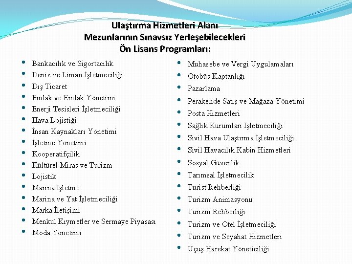 Ulaştırma Hizmetleri Alanı Mezunlarının Sınavsız Yerleşebilecekleri Ön Lisans Programları: • • • • Bankacılık