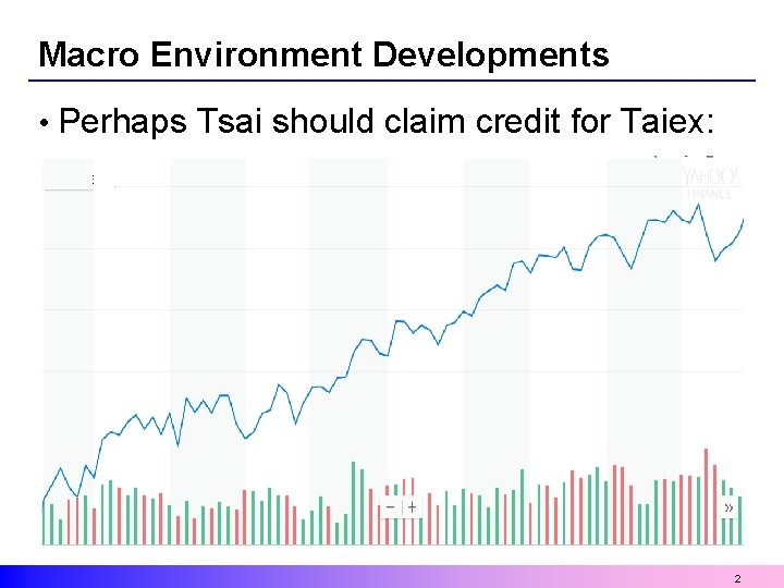Macro Environment Developments • Perhaps Tsai should claim credit for Taiex: 2 