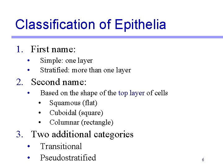 Classification of Epithelia 1. First name: • • Simple: one layer Stratified: more than