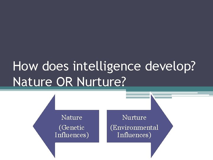 How does intelligence develop? Nature OR Nurture? Nature (Genetic Influences) Nurture (Environmental Influences) 