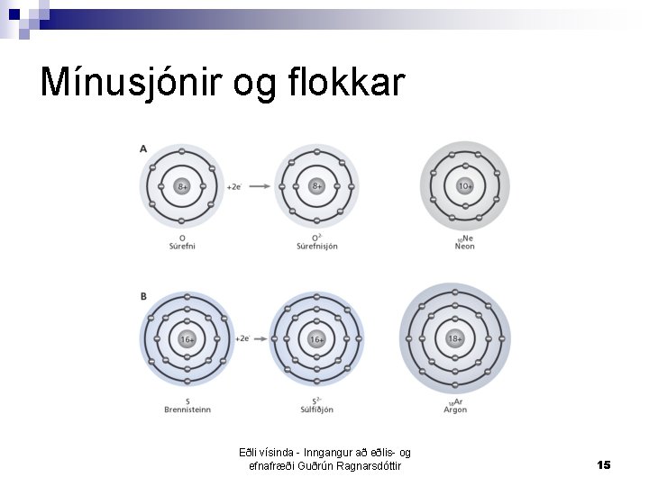 Mínusjónir og flokkar Eðli vísinda - Inngangur að eðlis- og efnafræði Guðrún Ragnarsdóttir 15