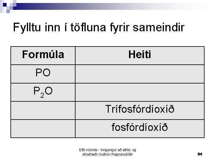 Fylltu inn í töfluna fyrir sameindir Formúla Heiti PO P 2 O Trífosfórdíoxíð Eðli